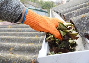 man wearing a glove removing leaves from a gutter