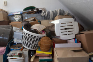 close up of inside a messy room in a hoarder home