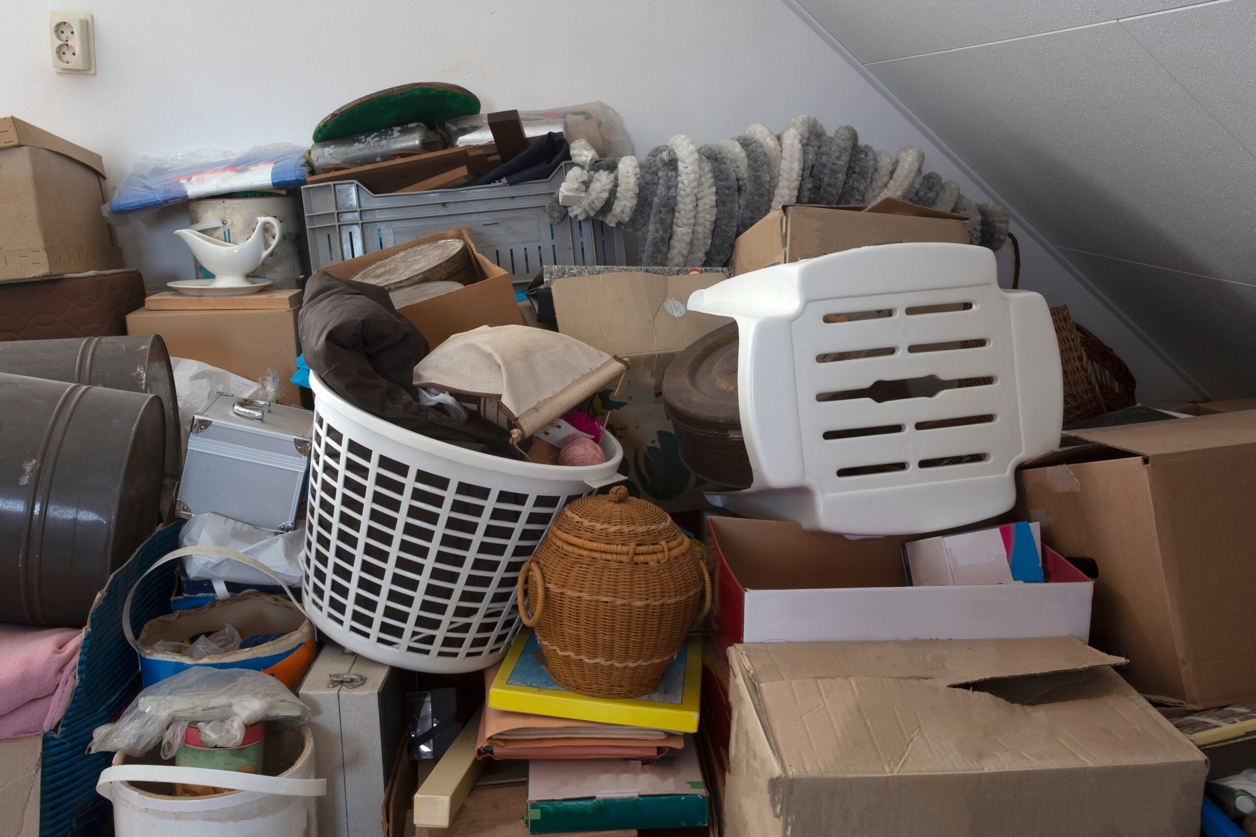 close up of inside a messy room in a hoarder home