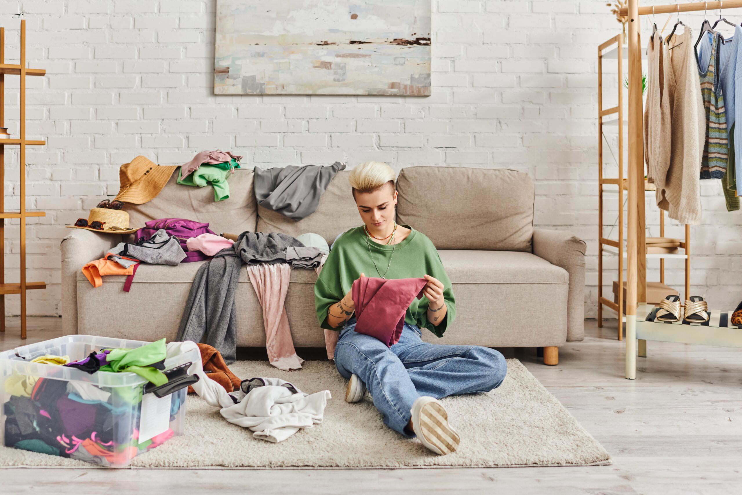 woman sorting through her clothes in the living room