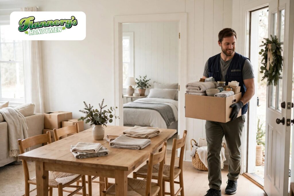 Flannery's Handymen crew member carrying a box of donated household items out of a decluttered North Shore dining room before the holidays